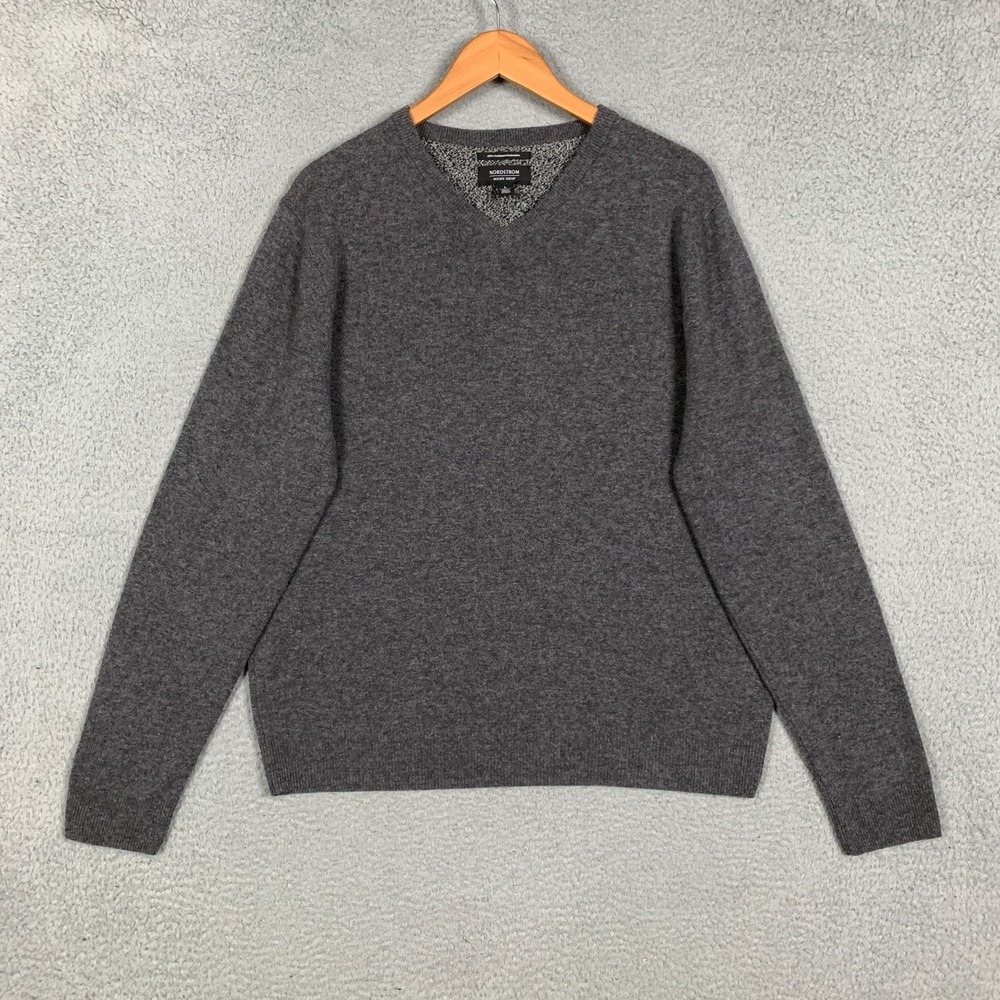 Nordstrom 100% Cashmere Sweater Men's Large Gray Heather V-Neck Pullover Classic